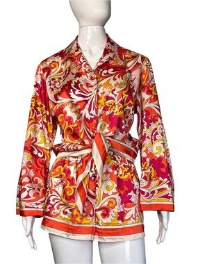 Zara Satin 2Pc Pucci-Inspired Paisley Tie Front Blouse & Mini Short Set Size M